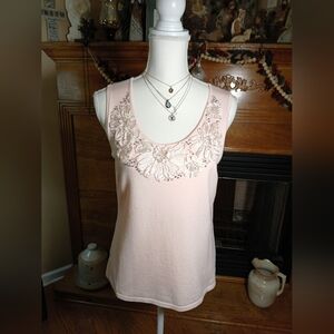 Ruby Rd Embellished Tank Top With Floral Detail Around Neckline